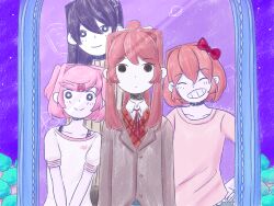 Rule 34 | 4girls, alternate costume, arms at sides, artist name, black eyes, blazer, bow, bright pupils, brown hair, cardigan, casual, closed eyes, closed mouth, collarbone, collared shirt, commentary, crossover, doki doki literature club, dot mouth, dot nose, english commentary, expressionless, grey cardigan, grin, hair between eyes, hair bow, hair ornament, hair ribbon, hairclip, hand on own hip, highres, jacket, light smile, long hair, long sleeves, looking at viewer, mirror, monika (doki doki literature club), multiple girls, natsuki (doki doki literature club), neck ribbon, omocat (style), omori, outdoors, parody, pink hair, pink shirt, ponytail, purple hair, purple sky, raion (raionart), red bow, red ribbon, reflection, ribbon, saturn (planet), sayori (doki doki literature club), school uniform, shirt, short hair, short sleeves, sky, smile, split mouth, style parody, t-shirt, teeth, two side up, upper body, v arms, white bow, white pupils, white shirt, yuri (doki doki literature club)