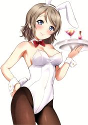 Rule 34 | 1girl, absurdres, animal ears, bare shoulders, blue eyes, blush, bow, bowtie, breasts, brown hair, cherry, cleavage, cocktail glass, cup, detached collar, drinking glass, fake animal ears, food, fruit, hand on own hip, headband, highleg, highleg leotard, highres, leotard, looking at viewer, love live!, love live! sunshine!!, medium breasts, pantyhose, playboy bunny, rabbit ears, rabbit tail, sankuro (agoitei), scan, short hair, simple background, smile, solo, tail, tray, watanabe you, white background, white leotard, wrist cuffs