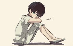 Rule 34 | 10s, 1boy, arms on knees, black collar, black hair, blue eyes, collar, commentary request, crossed arms, darling in the franxx, dated, grey footwear, grey shirt, grey shorts, highres, hiro (darling in the franxx), li12060214to, looking at viewer, male focus, no socks, shirt, shoes, short hair, shorts, sitting, solo