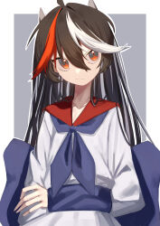 Rule 34 | 1girl, absurdres, bow, bowtie, cone horns, facing viewer, grey horns, highres, horns, kijin seija, long hair, multicolored hair, nanashi nasi, red eyes, simple background, solo, solo focus, streaked hair, touhou