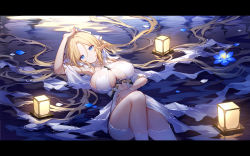 Rule 34 | 1girl, azur lane, blonde hair, blue eyes, breasts, brest (azur lane), dress, floating lights, highres, large breasts, letterboxed, long hair, looking at viewer, lying, night, on back, pointy ears, quan (kurisu tina), revealing clothes, solo, underboob, very long hair, water, wet, wet clothes, white dress