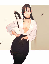 Rule 34 | 1girl, black choker, breasts, brown hair, center opening, choker, cleavage, dirty, elezen, elf, final fantasy, final fantasy xiv, gloves, gun, hand on own hip, highres, hilda ware, holding, holding clothes, holding gloves, koyorin, leaning to the side, long hair, looking at viewer, medium breasts, pointy ears, red eyes, simple background, single glove, sleeves pushed up, solo, standing, sweat, thigh strap, weapon, weapon on back