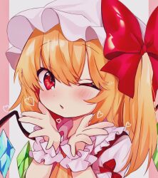 Rule 34 | 1girl, :/, ascot, blonde hair, bow, commentary request, crystal, flandre scarlet, frilled shirt collar, frills, hair between eyes, hair bow, hands up, hat, heart, highres, long hair, looking at viewer, mob cap, moni monico, one eye closed, one side up, parted lips, pink background, portrait, red bow, red eyes, red vest, short hair, simple background, solo, touhou, upper body, vest, wings, wrist cuffs, yellow ascot