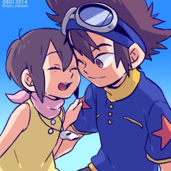 Rule 34 | 1boy, 1girl, :d, ^ ^, brother and sister, brown eyes, brown hair, closed eyes, digimon, digimon adventure, dramatica, closed eyes, goggles, goggles on head, jewelry, necklace, one eye closed, open mouth, scarf, short hair, short sleeves, siblings, smile, star (symbol), twitter username, whistle, yagami hikari, yagami taichi