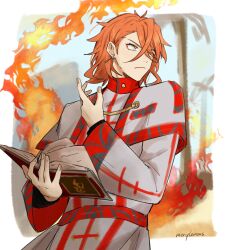 Rule 34 | 1boy, book, closed mouth, earrings, fire, fire emblem, fire emblem engage, hair between eyes, highres, holding, holding book, jewelry, long sleeves, looking to the side, male focus, merylemons, nintendo, orange eyes, orange hair, pandreo (fire emblem), robe, short hair, solo, yellow eyes