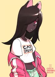 Rule 34 | 1girl, 2019, animal ears, artist name, black hair, cat ears, colo (nagrolaz), crop top, female focus, furry, furry female, hair over one eye, highres, jacket, long hair, midriff, navel, off shoulder, original, parted lips, pink eyes, pink jacket, shirt, simple background, slit pupils, solo, white background, white shirt