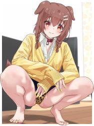 Rule 34 | 1girl, absurdres, animal ears, barefoot, blush, brown hair, dog ears, dog girl, dog tail, feet, female focus, full body, highres, hololive, huge filesize, indoors, inugami korone, looking at viewer, nail polish, panties, pantyshot, sl8-all, smile, solo, spread legs, squatting, tail, toenail polish, toenails, toes, underwear, virtual youtuber, yellow nails