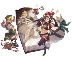 Rule 34 | 3girls, bed, blonde hair, bob cut, boots, bow (weapon), brown footwear, brown hair, color drain, cropped jacket, crossbow, faceless, faceless female, feena (shingeki no bahamut), full body, gift, granblue fantasy, jacket, minaba hideo, minigob, multiple girls, official art, pointy ears, red jacket, red shorts, salute, santa costume, shorts, standing, standing on one leg, transparent background, weapon