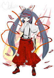 Rule 34 | 1girl, alternate hairstyle, collared shirt, expressionless, female focus, fire, fire, fujiwara no mokou, hyara, long sleeves, looking at viewer, ofuda, pants, shirt, solo, standing, suspenders, touhou, twintails, white shirt