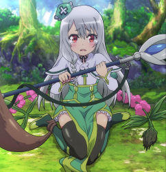 Rule 34 | 1girl, anime screenshot, black thighhighs, braid, breasts, dress, futoku no guild, green dress, highres, hip vent, holding, holding staff, long hair, long sleeves, looking at viewer, maidena angers, on floor, open mouth, red eyes, screencap, silver hair, sitting, small breasts, staff, stitched, tearing up, thighhighs, thighs, third-party edit, wariza, wavy mouth