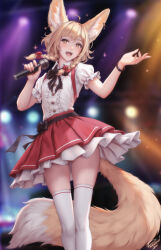 Rule 34 | + +, 1girl, :d, animal ears, black bow, black bowtie, black bracelet, bow, bowtie, braid, feet out of frame, fox ears, fox girl, fox tail, hair bow, hands up, highres, holding, holding microphone, idol, idol clothes, khiara (personal ami), looking at viewer, medium hair, microphone, open mouth, original, paid reward available, personal ami, red bow, red skirt, shirt, short sleeves, signature, skirt, smile, solo, stage lights, tail, teeth, thighhighs, twin braids, upper teeth only, white shirt, white thighhighs, yellow eyes