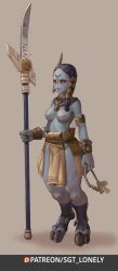 Rule 34 | 1girl, alien, armlet, asymmetrical hair, beads, black legwear, blue skin, breasts, colored skin, digitigrade, fewer digits, forehead, glaive (polearm), hair tubes, headgear, highres, holding, holding polearm, holding weapon, hooves, jewelry, medium breasts, medium hair, necklace, nipples, no nose, orange eyes, pelvic curtain, polearm, prayer beads, purple hair, sgt lonely, solid eyes, solo, t&#039;au, thick thighs, thighs, toeless legwear, topless, warhammer 40k, weapon
