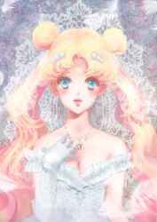Rule 34 | 1990s (style), 1girl, bare shoulders, bead bracelet, beads, bishoujo senshi sailor moon, blue eyes, bracelet, crescent, crescent facial mark, doily, double bun, dress, facial mark, feathers, forehead mark, gem, gloves, hair bun, hair ornament, hairclip, highres, jewelry, lace, lips, long hair, looking at viewer, megumi choco, necklace, parted lips, pearl (gemstone), princess serenity, retro artstyle, solo, strapless, strapless dress, tsukino usagi, twintails, upper body, white dress, white gloves