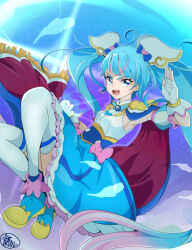 Rule 34 | 1girl, antenna hair, armpits, blue cape, blue dress, blue eyes, blue footwear, blue hair, bow, cape, cure sky, detached sleeves, dress, earrings, fingerless gloves, gloves, hair ornament, highres, hirogaru sky! precure, jewelry, long hair, magical girl, mochi curry, multicolored hair, pink bow, pink hair, precure, puffy detached sleeves, puffy sleeves, red cape, shoes, single earring, sky, solo, sora harewataru, thighhighs, twintails, two-sided cape, two-sided fabric, very long hair, white gloves, white thighhighs, wing hair ornament