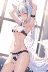 Rule 34 | 1girl, absurdres, ahoge, animal ear fluff, animal ears, arm strap, armpits, arms up, barcode, bare arms, bare shoulders, bikini, blue hair, choker, commentary request, cowboy shot, dutch angle, earrings, fox ears, fox girl, fox tail, halterneck, highres, indoors, lightning bolt earrings, lightning bolt symbol, long hair, looking at viewer, mirufuaa, mouth hold, multicolored hair, navel, orange eyes, original, ponytail, raised eyebrows, sidelocks, solo, stomach, streaked hair, swimsuit, tail, thighs, two-tone bikini, two-tone hair, tying hair, wet, white bikini, white choker, white hair, white tail, window