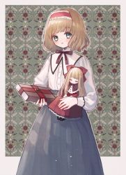Rule 34 | 1girl, alice margatroid, blonde hair, blue eyes, blue skirt, blush, bob cut, bow, bowtie, closed eyes, closed mouth, commentary, cowboy shot, dress, frilled hairband, frills, grimoire of alice, hairband, hourai doll, lips, long sleeves, looking at viewer, medium hair, neck ribbon, red bow, red bowtie, red dress, red ribbon, ribbon, shirt, skirt, symbol-only commentary, touhou, white shirt, yujup
