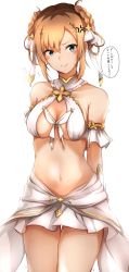 Rule 34 | 1girl, anger vein, armpit crease, bare shoulders, bikini, blonde hair, blue eyes, braid, breasts, cleavage, cosplay, cowboy shot, gold trim, hair ornament, halterneck, highres, looking at viewer, medium breasts, midriff, miniskirt, miyamori aoi, multicolored hair, navel, princess connect!, roots (hair), shirobako, short hair, simple background, skirt, smile, solo, speech bubble, stomach, swimsuit, tahita1874, tearing up, thigh gap, thighs, translation request, trembling, twin braids, v-shaped eyebrows, white background, white bikini, white skirt, yui (ceremonial) (princess connect!), yui (princess connect!), yui (princess connect!) (cosplay)
