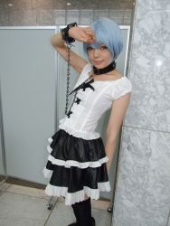 Rule 34 | 1girl, alternate costume, asian, ayanami rei, black footwear, black skirt, black thighhighs, blue hair, breasts, collar, color contacts, cosplay, frilled skirt, frills, goth fashion, indoors, lace, leash, looking at viewer, makeup, mascara, miniskirt, namada, neon genesis evangelion, photo (medium), red eyes, short hair, skirt, small breasts, solo, standing, thighhighs