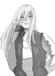 Rule 34 | 1girl, breasts, cigarette, cleavage, eyelashes, greyscale, hands in pockets, kimidake, long hair, looking up, monochrome, non-web source, original, shaded face, simple background, smile, smoke, solo, source request, sweater, white background