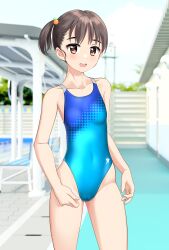 Rule 34 | 1girl, absurdres, aqua one-piece swimsuit, black hair, brown eyes, collarbone, commentary request, competition swimsuit, contrapposto, covered navel, highleg, highleg swimsuit, highres, indoors, one-piece swimsuit, open mouth, original, poolside, round teeth, school swimsuit, screentones, short hair, side ponytail, solo, stairs, standing, swimsuit, takafumi, teeth, two-tone swimsuit, upper teeth only, variant set