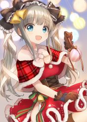 Rule 34 | 1girl, absurdres, bell, black hairband, black ribbon, blue eyes, brown gloves, capelet, christmas, christmas ornaments, commentary, dress, frilled hairband, frills, fur-trimmed capelet, fur-trimmed dress, fur trim, gloves, hair bell, hair ornament, hair ribbon, hairband, highres, long hair, looking at viewer, open mouth, original, plaid capelet, red capelet, red dress, ribbon, short dress, silver hair, smile, solo, twintails, yaminabe (szhal14)