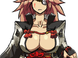 Rule 34 | 1girl, baiken, breasts, cleavage, collarbone, eyepatch, facial mark, guilty gear, guilty gear xrd, japanese clothes, kimono, large breasts, long hair, open clothes, open kimono, pink hair, ponytail, skull print, solo, tamotu kun, upper body