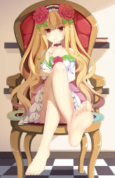 Rule 34 | 1girl, armchair, bare shoulders, barefoot, blonde hair, chair, dungeon and fighter, feet, finger to mouth, flower, foot focus, hair flower, hair ornament, hairband, highres, crossed legs, long hair, looking at viewer, mage (dungeon and fighter), no shoes, pointy ears, red eyes, sitting, soles, toes