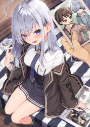 Rule 34 | 1girl, absurdres, aged down, ahoge, bed, blue eyes, blue hair, breasts, brown eyes, brown hair, buttons, collarbone, collared shirt, double-breasted, high-waist skirt, highres, holding drawing, index finger raised, jacket, light blue hair, long hair, medium breasts, mizuiro raika, necktie, on bed, open clothes, open jacket, open mouth, original, out of frame, shirt, short hair, sitting, skirt, socks, solo focus