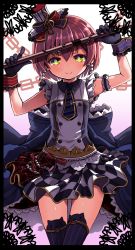 Rule 34 | 10s, 1girl, animal ear legwear, black border, border, buttons, cafe maid (love live!), cat ear legwear, checkered clothes, checkered skirt, collared shirt, double-breasted, earrings, frilled sleeves, frills, hair between eyes, hat, hat ribbon, highres, hoshizora rin, jewelry, looking at viewer, love live!, love live! school idol festival, love live! school idol project, microphone stand, multicolored clothes, multicolored skirt, musical note, necktie, orange hair, plaid, plaid skirt, ribbon, sash, shipii (jigglypuff), shirt, short hair, skirt, smile, solo, thighhighs, tie clip, top hat, treble clef, wrist cuffs, yellow eyes