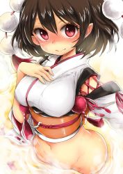Rule 34 | 1girl, black hair, blush, bottomless, breasts, chikado, closed mouth, detached sleeves, ear blush, embarrassed, hand on own stomach, japanese clothes, large breasts, looking at viewer, navel, pointy ears, pom pom (clothes), red eyes, sash, shameimaru aya, short hair, solo, sweat, touhou, wavy mouth