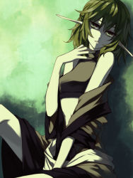 Rule 34 | 1girl, bare shoulders, female focus, green eyes, green hair, long pointy ears, matching hair/eyes, mizuhashi parsee, navel, off shoulder, pointy ears, shiren, shiren (monochrome structure), short hair, sitting, sleeveless, solo, touhou