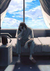 Rule 34 | 2boys, absurdres, bed, blue sky, boku no hero academia, collarbone, curtains, eraser head (boku no hero academia), eyepatch, ghost, grey pants, grey shirt, hand on another&#039;s shoulder, hand on own face, highres, hospital, hospital bed, loud cloud, male focus, messy hair, multiple boys, pants, prosthesis, prosthetic leg, rnuyvm, shirt, short sleeves, sitting, sky, slippers, spoilers