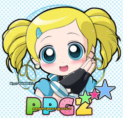 Rule 34 | 00s, 1girl, black gloves, blonde hair, blue background, blue eyes, blush, bubble, chibi, copyright name, earrings, gloves, goutokuji miyako, hair ornament, hairclip, jewelry, lowres, open mouth, portrait, powerpuff girls, powerpuff girls z, rolling bubbles, short hair, simple background, solo, twintails, upper body