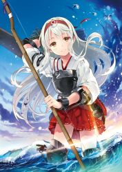 Rule 34 | 10s, 1girl, armor, bad id, bad twitter id, blush, bow (weapon), breastplate, brown eyes, dougi, flight deck, from below, hanekoto, headband, japanese clothes, kantai collection, leaning forward, long hair, looking at viewer, machinery, partially submerged, shoukaku (kancolle), sky, smile, solo, upper body, wading, water, waves, weapon, white hair