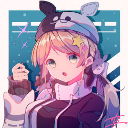 Rule 34 | 1girl, animal ears, animal hat, black bow, black jacket, blush, bow, braid, breasts, brown hair, drawstring, fake animal ears, fang, green eyes, hair bow, hair ornament, hat, highres, jacket, long hair, long sleeves, looking at viewer, medium breasts, menghuan tian, open mouth, original, parted bangs, rabbit hair ornament, sidelocks, signature, sleeves past wrists, solo, sparkle, star (symbol), star hair ornament, twintails, upper body