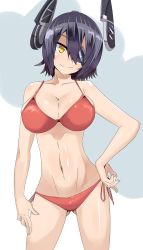 Rule 34 | 10s, 1girl, bikini, breasts, eyepatch, highres, kantai collection, large breasts, navel, personification, purple hair, red bikini, solo, swimsuit, tenryuu (kancolle), yellow eyes, yet you