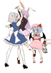 Rule 34 | &gt;:o, &gt;:|, 3girls, :o, :|, anger vein, angry, animal ears, bat wings, blue hair, closed mouth, crossed arms, fkey, grabbing another&#039;s ear, grabbing another's ear, grey hair, hand on another&#039;s ear, hat, high heels, holding another&#039;s wrist, holding by the ears, izayoi sakuya, long hair, maid, maid headdress, miniskirt, mob cap, multiple girls, necktie, purple hair, rabbit ears, red eyes, reisen udongein inaba, remilia scarlet, short hair, sketch, skirt, sweatdrop, syringe, thighhighs, touhou, v-shaped eyebrows, white legwear, wings