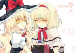Rule 34 | 2girls, alice margatroid, blonde hair, blush, bow, brown eyes, capelet, closed mouth, female focus, hair bow, hat, hat bow, kirisame marisa, miyoochi, multiple girls, puffy short sleeves, puffy sleeves, red bow, shaded face, short hair, short sleeves, smile, touhou, upper body, witch hat