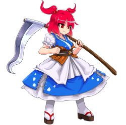 Rule 34 | 1girl, black footwear, blue dress, closed mouth, coin, dress, full body, hair bobbles, hair ornament, holding, holding scythe, neophyte, obi, onozuka komachi, red eyes, red hair, sash, scarlet weather rhapsody, scythe, second-party source, short sleeves, simple background, smile, socks, solo, standing, touhou, two side up, v-shaped eyebrows, white background, white socks