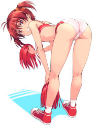 Rule 34 | 1girl, ass, bent over, bikini, blush, breasts, cheerleader, female focus, full body, grin, highres, isshiki akane, kneepits, legs, looking at viewer, looking back, michairu, pom pom (cheerleading), red eyes, red hair, scrunchie, shoes, short hair, simple background, small breasts, smile, sneakers, solo, standing, swimsuit, twintails, underboob, vividred operation, white background