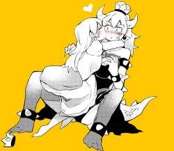 Rule 34 | 2girls, armlet, arms around neck, bare shoulders, borrowed design, bowsette, bracelet, collar, commentary request, dress, earrings, eyebrows, closed eyes, unworn headwear, highres, horns, jewelry, kiss, kissing cheek, lizard tail, long hair, mario (series), multiple girls, neji (ultramarinesunset), new super mario bros. u deluxe, nintendo, partially colored, princess peach, puffy short sleeves, puffy sleeves, scales, short sleeves, sitting, spiked anklet, spiked armlet, spiked bracelet, spiked collar, spiked shell, spikes, super crown, tail, yellow background, yuri