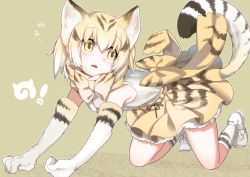 Rule 34 | 10s, 1girl, all fours, animal ears, animal print, blonde hair, bow, bowtie, cat ears, cat tail, elbow gloves, fang, frilled skirt, frills, full body, gloves, grey background, japari symbol, kaida michi, kemono friends, looking to the side, open mouth, ribbon, sand cat (kemono friends), short hair, simple background, skirt, sleeveless, solo, tail, yellow eyes