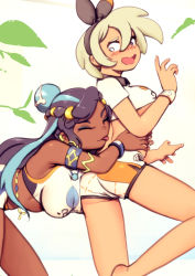 Rule 34 | 2girls, armlet, bad id, bad pixiv id, bea (pokemon), belly chain, bikini, black hair, black hairband, blue hair, blush, breasts, closed eyes, collared shirt, commentary, creatures (company), dark-skinned female, dark skin, dynamax band, earrings, eyeshadow, game freak, grey eyes, grey hair, gym leader, hair between eyes, hair bun, hairband, hands on another&#039;s waist, hoop earrings, jewelry, kamishisho, licking, licking back, long hair, looking back, makeup, medium breasts, multicolored hair, multiple girls, nail polish, necklace, nessa (pokemon), nintendo, open mouth, pokemon, pokemon swsh, print shirt, print shorts, shirt, short hair, short sleeves, shorts, single hair bun, swimsuit, tankini, tongue, tongue out, two-tone hair, white nails, wristband, yuri