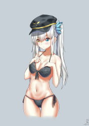 Rule 34 | 1girl, absurdres, bare arms, bare shoulders, bikini, black bikini, black hat, blue eyes, blush, breasts, cleavage, collarbone, commentary request, grey background, hair between eyes, hair ornament, hat, heterochromia, highres, kagura gumi, kagura mea, large breasts, ledanyang, long hair, navel, side-tie bikini bottom, signature, silver hair, simple background, solo, swimsuit, twintails, virtual youtuber, yellow eyes