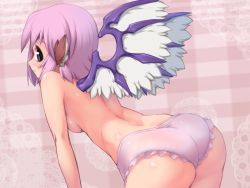 Rule 34 | 1girl, animal ears, arched back, ass, back, bent over, black eyes, blush, breasts, female focus, frilled panties, frills, looking back, mystia lorelei, no headwear, no headwear, panties, panties only, pink background, pink hair, pink panties, purple eyes, short hair, small breasts, solo, topless, touhou, underwear, underwear only, wings, you naka