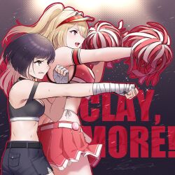 2girls bandaged_hand black_hair black_shorts black_sports_bra blonde_hair breasts cheerleader clay_(nikke) cleavage crop_top goddess_of_victory:_nikke highres large_breasts long_hair looking_ahead medium_breasts milk_(nikke) multiple_girls open_mouth pom_pom_(cheerleading) punching red_eyes red_shirt red_skirt sawasa shirt short_hair shorts skirt sports_bra sweat twintails two-tone_skirt visor_cap