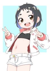 Rule 34 | 1girl, black hair, blue hair, brown eyes, choker, flat chest, green nails, jacket, kantai collection, long sleeves, looking at viewer, maru-yu (kancolle), midriff, multicolored hair, nail polish, nassukun, open clothes, open jacket, open mouth, short hair, short shorts, shorts, simple background, solo, two-tone background, v, w, white jacket, white shorts