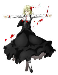Rule 34 | 1girl, bad id, bad pixiv id, blonde hair, bow, corset, dress, embodiment of scarlet devil, ex-rumia, female focus, hair bow, hair ribbon, highres, niwatazumi, aged up, outstretched arms, red eyes, ribbon, rumia, short hair, solo, spread arms, touhou