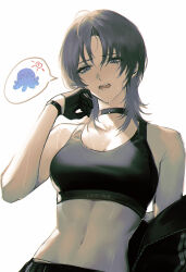 Rule 34 | 1girl, black choker, black gloves, black jacket, black sports bra, blue eyes, blue hair, breasts, choker, commentary, english commentary, gloves, hair between eyes, highres, hiodoshi ao, hololive, hot, jacket, looking at viewer, medium breasts, medium hair, mole, mole under mouth, navel, off shoulder, open mouth, solo, sports bra, sweat, tomatoketchup96, toned, virtual youtuber