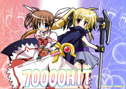 Rule 34 | 00s, 2girls, :d, alternate color, ass, axe, bardiche (assault form) (nanoha), bardiche (nanoha), blonde hair, blue eyes, blush, bow, bowtie, brown hair, cape, color switch, endori, fate testarossa, fate testarossa (lightning form), fingerless gloves, gloves, hair ribbon, holding, holding weapon, long sleeves, looking at viewer, lyrical nanoha, magazine (weapon), magical girl, mahou shoujo lyrical nanoha, milestone celebration, multiple girls, open mouth, polearm, purple eyes, raising heart, raising heart (accel mode), red bow, red hair, ribbon, rod, skin tight, smile, staff, takamachi nanoha, takamachi nanoha (sacred mode), twintails, two side up, wand, weapon